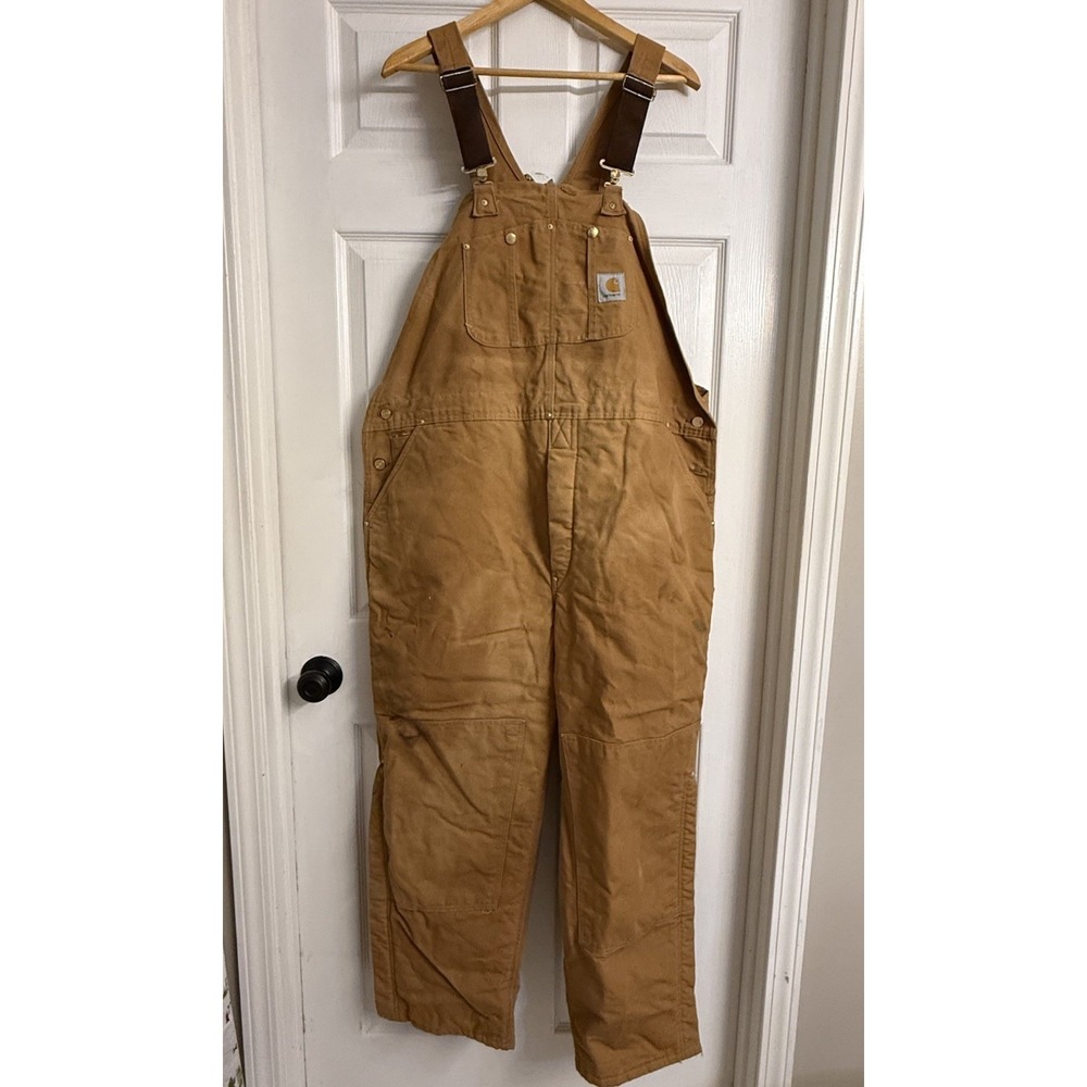 Vintage Carhartt R02 Duck Bib Overalls Quilt Lined Double Knee Canvas Mens 46x30